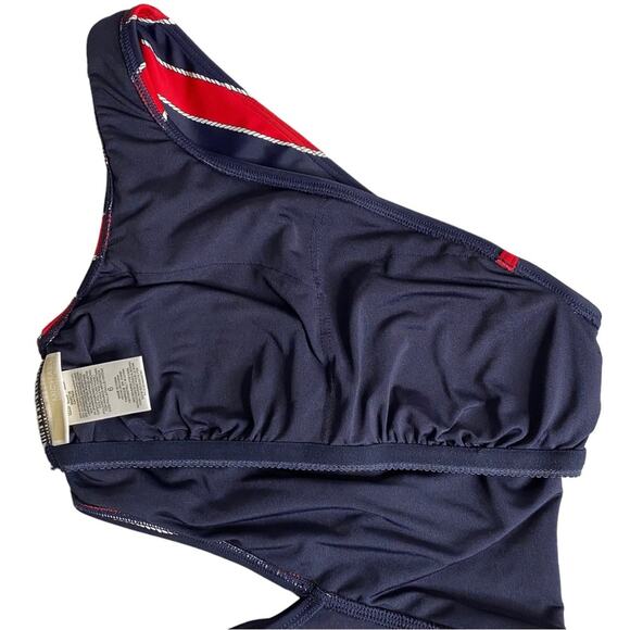 Michael Kors Rope Rugby Stripe One Shoulder Cut Out One-Piece Swimsuit - Picture 10 of 13